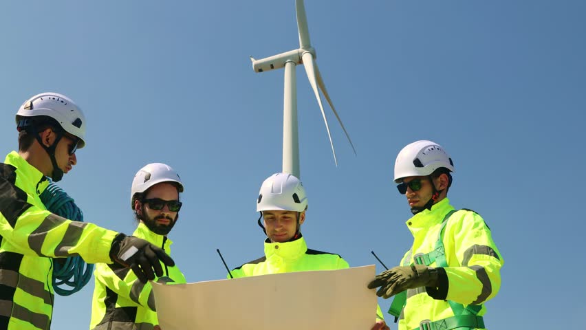 Team engineers in tight suits carrying blueprints and tool boxes walk into the wind turbine power station area working as a team to inspect maintenance schedule.
