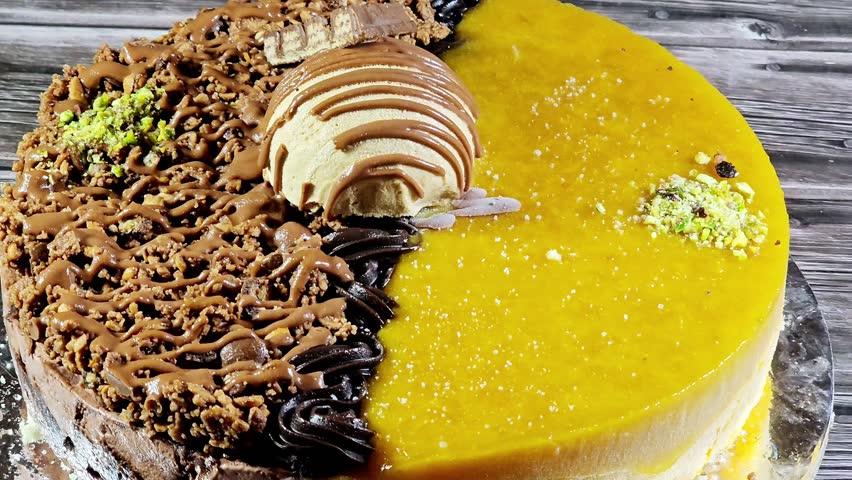 Ice cream cake, on a sponge cake layer, topped with chocolate pieces and cream and sauce, chunks of chocolates with pistachio pieces, half mango and half chocolates, summertime and holidays concept