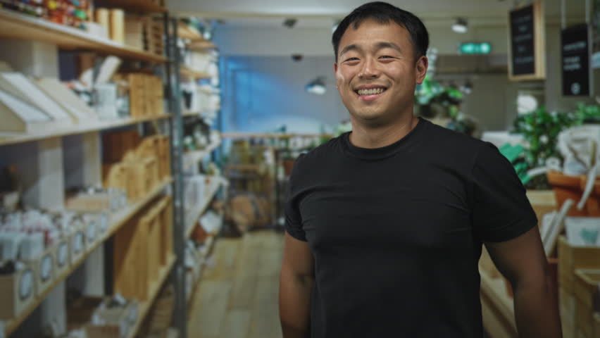 Man smiles and holds up hand for peace sign next to store decor shelves in building; joy celebration.