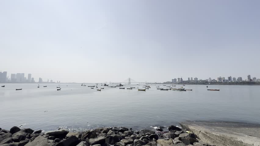 Fishing Boats With a Backdrop of Bandra Worli Sea Link in Mumbai, India