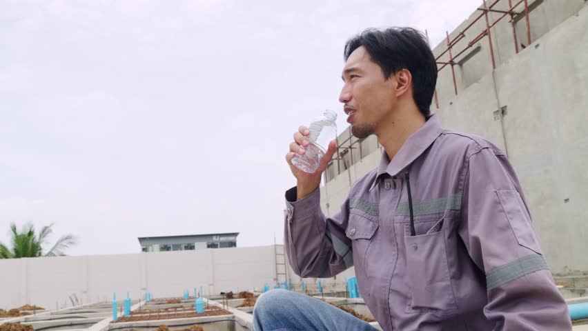 Asian male worker, plumber working outdoors at a construction site in a hot and humid residential building, sitting and drinking water to refresh himself.