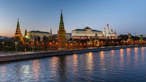 Moscow Kremlin in the Evening, View from the Big Stone Bridge, Timelapse Video, Moscow, Russia