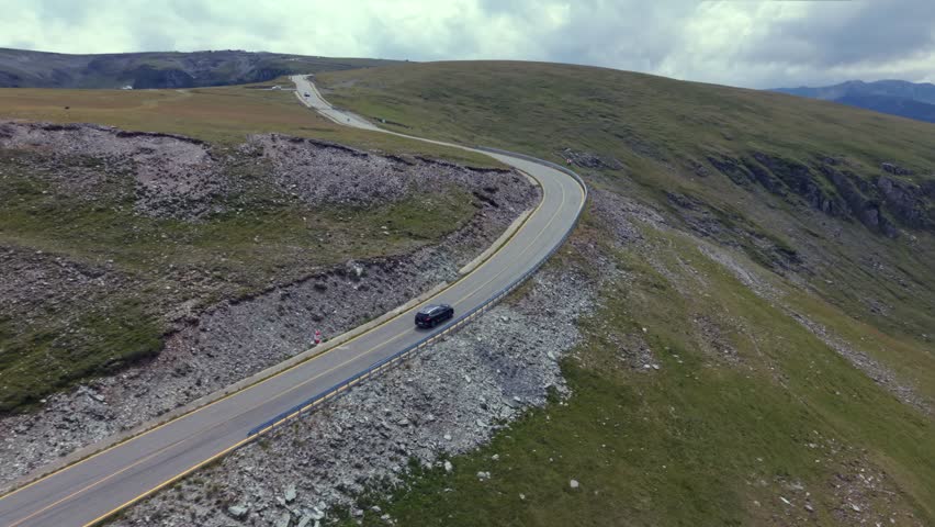 Aerial drone view of the Transalpine road running through the Carpathians in Romania.