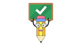 Pencil cartoon character with an approved check mark on a chalkboard icon animation. Educational success mascot. Task school achievement checklist symbol. Alpha channel. Seamless looping. - Powered by Shutterstock - Get 15% off with code: PIKWIZARD15