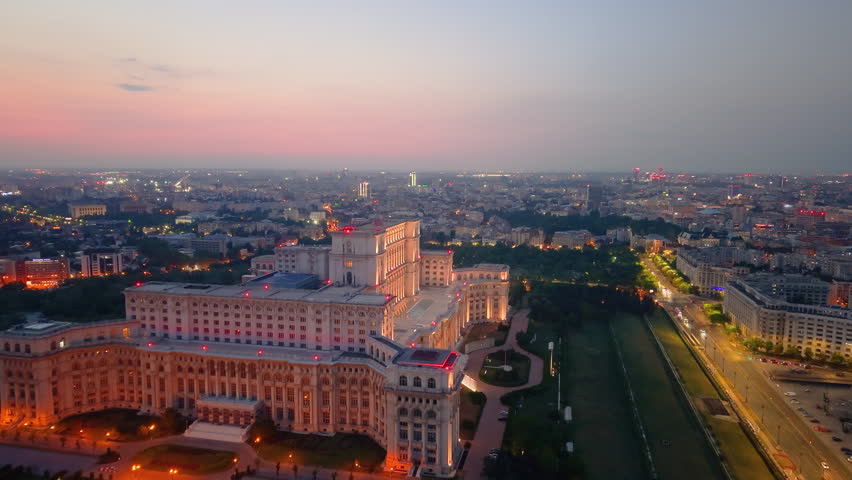 Aerial View of Bucharests Iconic Palace Parliament beautifully at Dusk. Romania