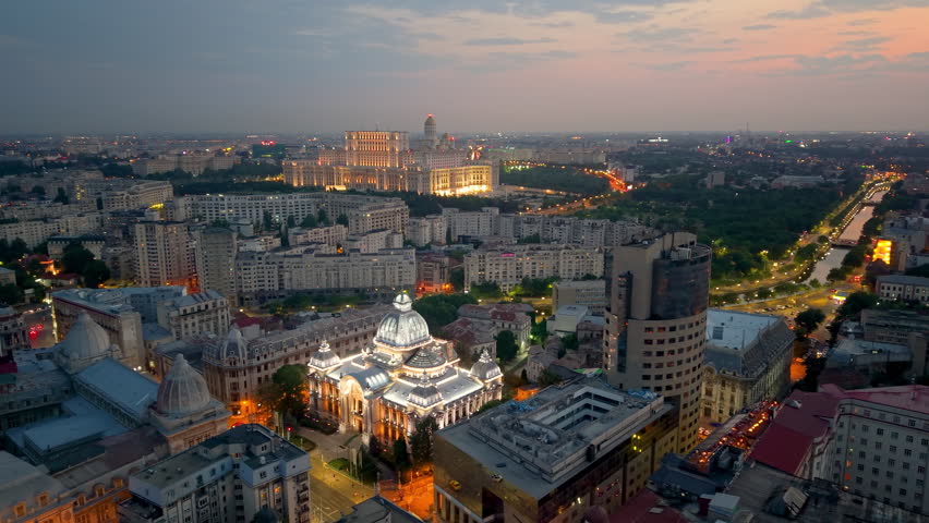 Bucharests Cityscape at Dusk A Stunning Display. Romania