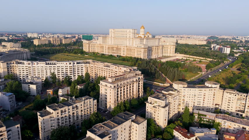 Aerial View of Bucharests Iconic Palace Parliament beautifully at Dusk. Romania