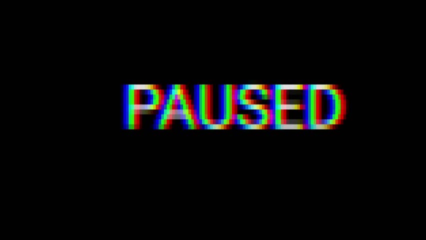 PAUSED colorful text word flicker light animation loop with glitch text effect. 3D seamless looping Paused glitch effect element for intro, title banner. Colorful Retro Gaming Console Style.