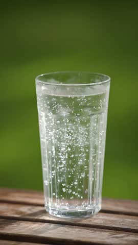 A human hand drops a soluble aspirin and vitamin C tablet into a glass of water, creating bubbles on a green summer garden background