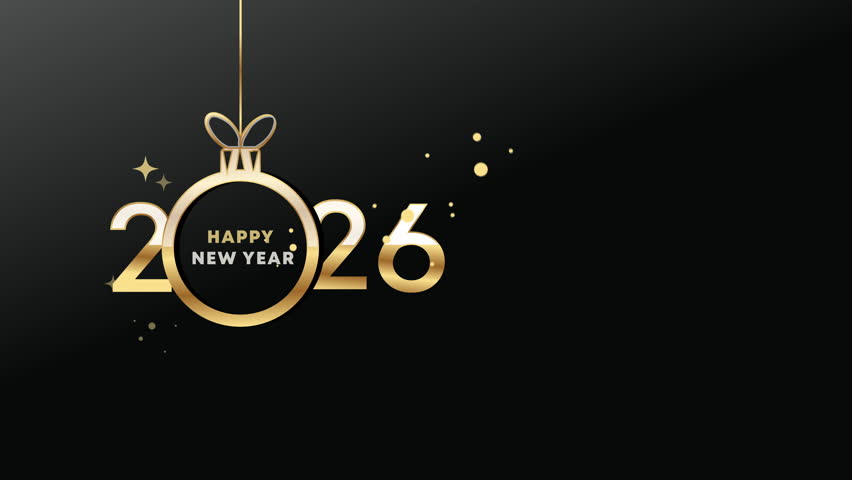 Elegant New Year 2026 greeting with gold ornament and sparkles on black gradient background, ideal for festive campaigns, seasonal promotions, and celebratory digital content