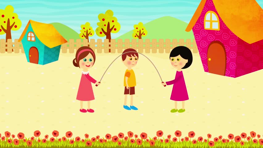Cute cartoon children happily playing jump rope outdoors, ideal for kids’ illustrations, school posters, activity books, learning materials, and playful, fun designs.