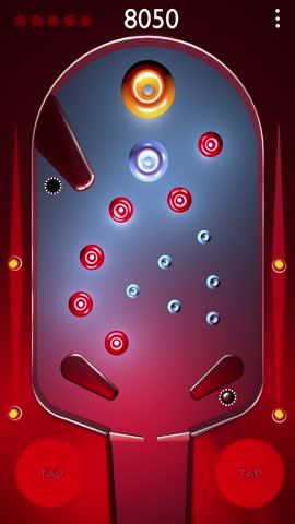 Vertical 4K loop of fictional 3D pinball game. Red and blue neon style, ball scores points then falls into hole. Perfect as background, screen insert or film set prop.