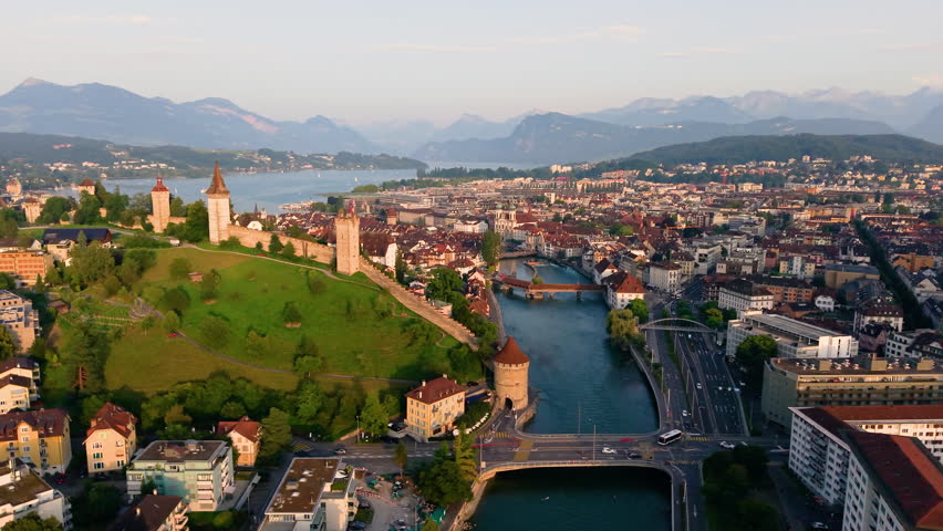 A Stunning Aerial View of the Scenic City of Lucerne, Switzerland Captured at Sunrise