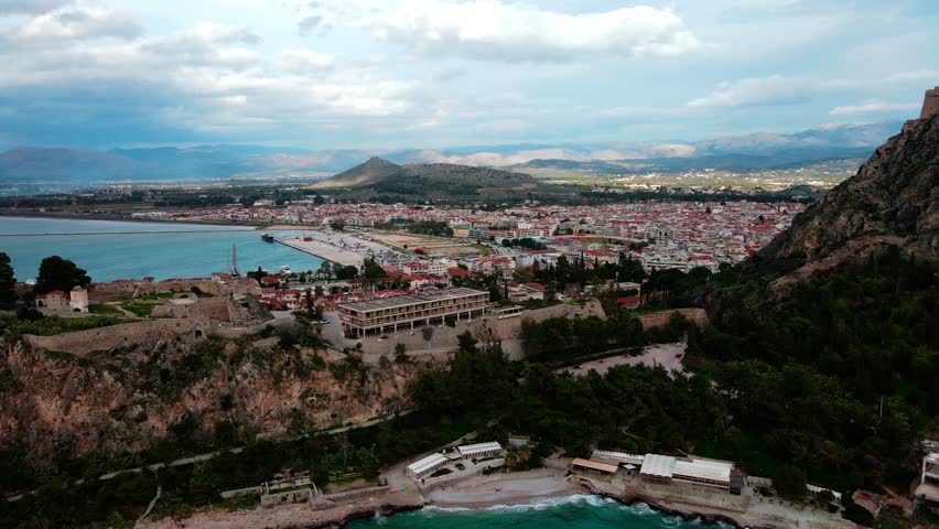 Aerial landscape from Fortress of Acronauplia castle winter sunset and city of Nafplio Greece
