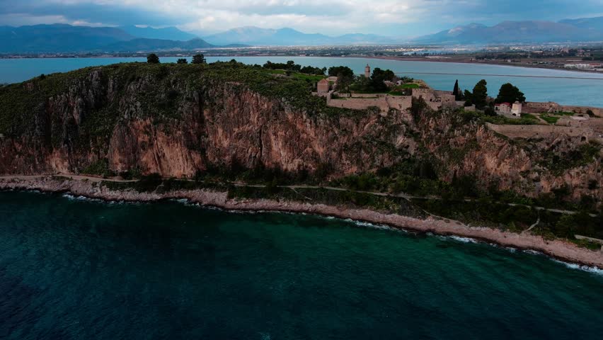 Aerial landscape from Fortress of Acronauplia castle winter sunset and city of Nafplio Greece