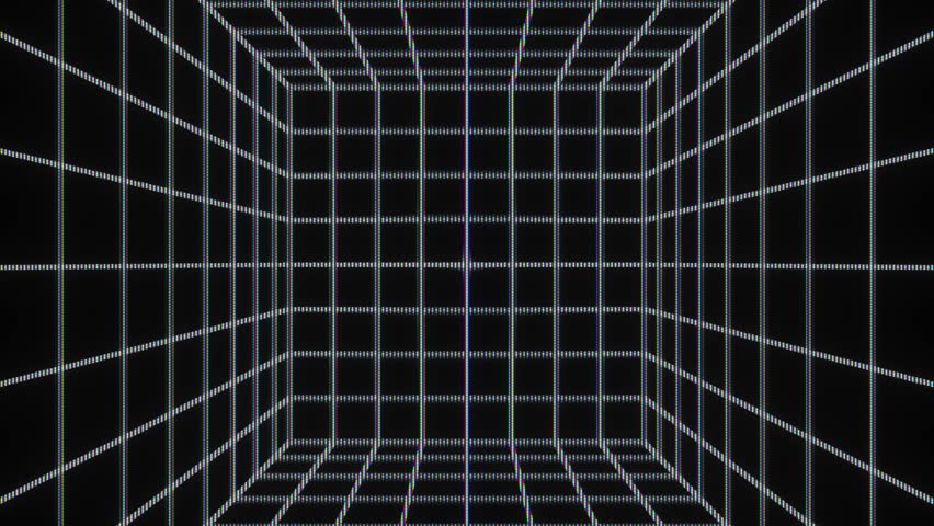 Zoom-in through a CRT-rendered cube grid space.
