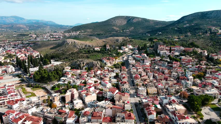 Aerial landscape city Nafplio former Greek Capitol sunny winter day in Mediterranean Greece Europe