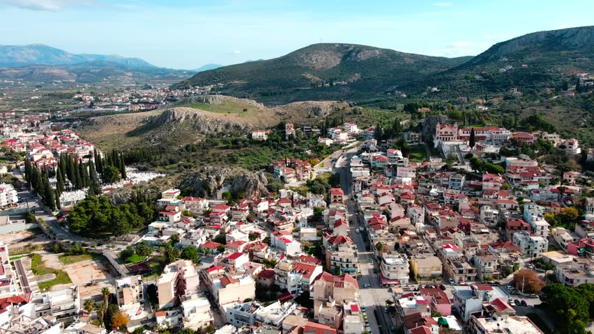 Aerial landscape city Nafplio former Greek Capitol sunny winter day in Mediterranean Greece Europe