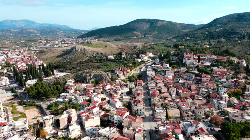 Aerial landscape city Nafplio former Greek Capitol sunny winter day in Mediterranean Greece Europe