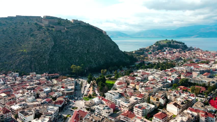 Aerial landscape city Nafplio former Greek Capitol sunny winter day in Mediterranean Greece Europe
