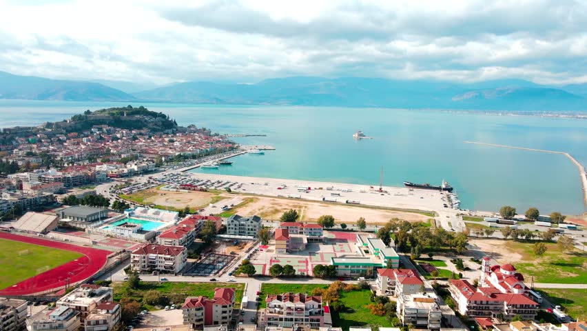 Aerial landscape city Nafplio former Greek Capitol sunny winter day in Mediterranean Greece Europe
