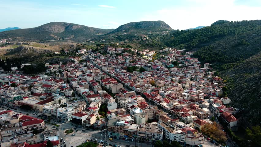 Aerial landscape city Nafplio former Greek Capitol sunny winter day in Mediterranean Greece Europe