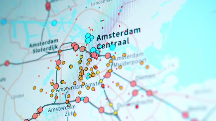 Time lapse screen recording of Amsterdam public transport monitoring map with moving vehicles and connections, showing urban mobility and digital tracking system