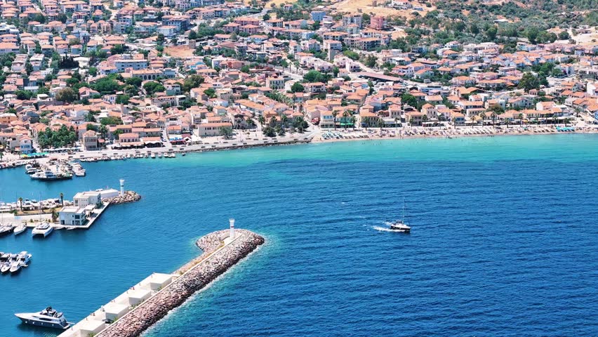 Yenifoca 4k drone video with its marina and beaches in Foca, Izmir, Turkiye.