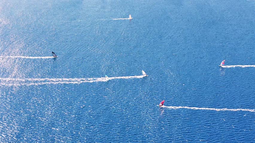 Yenifoca windsurfing 4k drone video with its marina and beaches in Foca, Izmir, Turkiye.