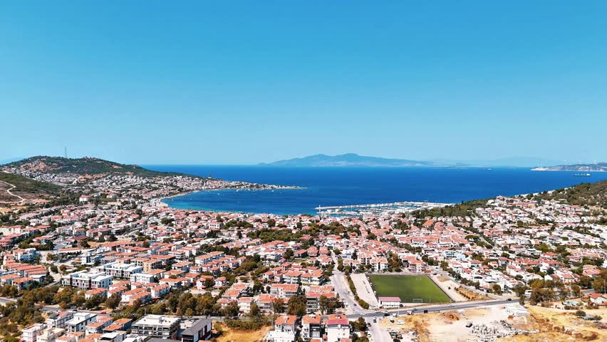 Yenifoca 4k drone video with its marina and beaches in Foca, Izmir, Turkiye.