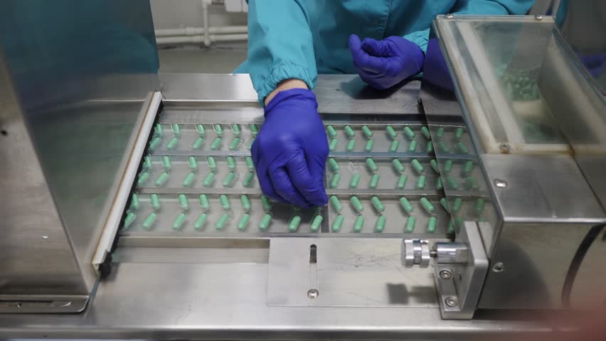 Production of medicines under human control. Pill machine dropping pills into blister packaging pockets. A pharmaceutical line worker checks the tablets and loads them into containers.