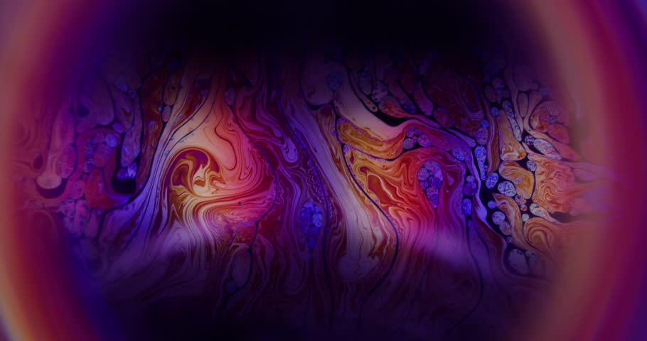 Fluorescent liquid blur. Psychedelic chemical ink. Colorful defocused round frame flow swirl blending dye abstract neon glow background.