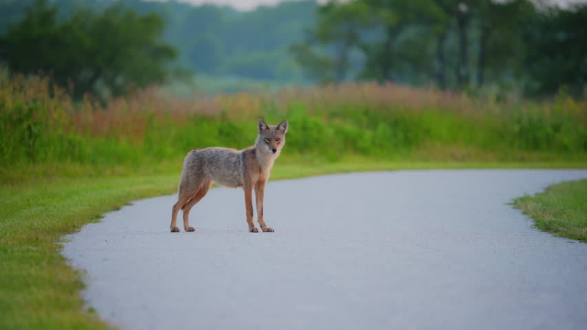 Lonely coyote walking on the road in the field in summer in Illinois prairie.