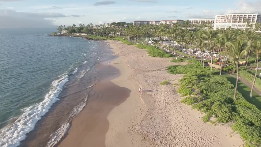 Aerial view of Wailea Beach in Maui, Hawaii, showing tranquil sand, gentle waves, and palm-lined resorts. The peaceful coastal scene offers a relaxing atmosphere, perfect for a beach vacation.