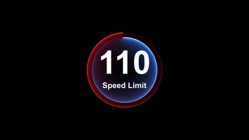 Dynamic road speed limit 110 graphic with futuristic blue neon glow effect on a black background for presentations and technology. Road speed limit 110 mph sign board,circle neon line template. 4k