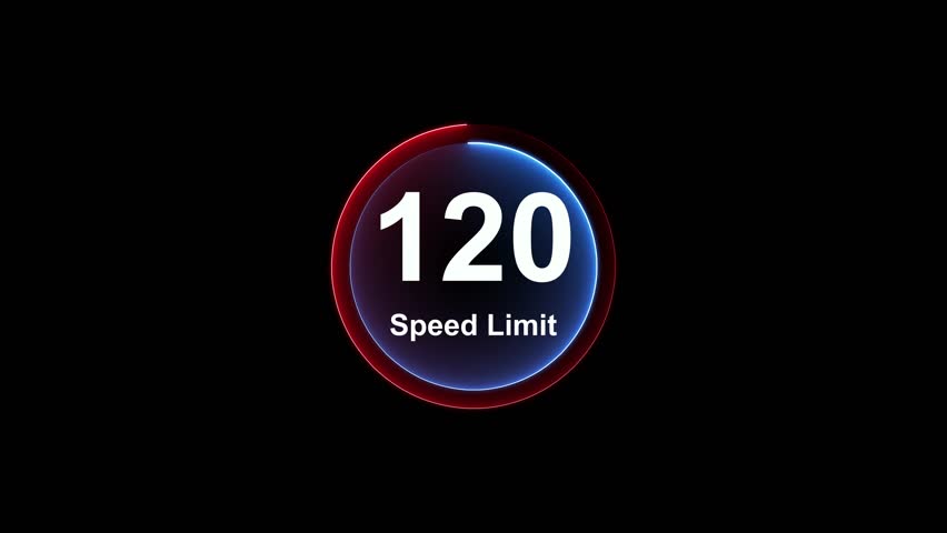 Dynamic road speed limit 120 graphic with futuristic blue neon glow effect on a black background for presentations and technology. Road speed limit 120 mph sign board,circle neon line template. 4k