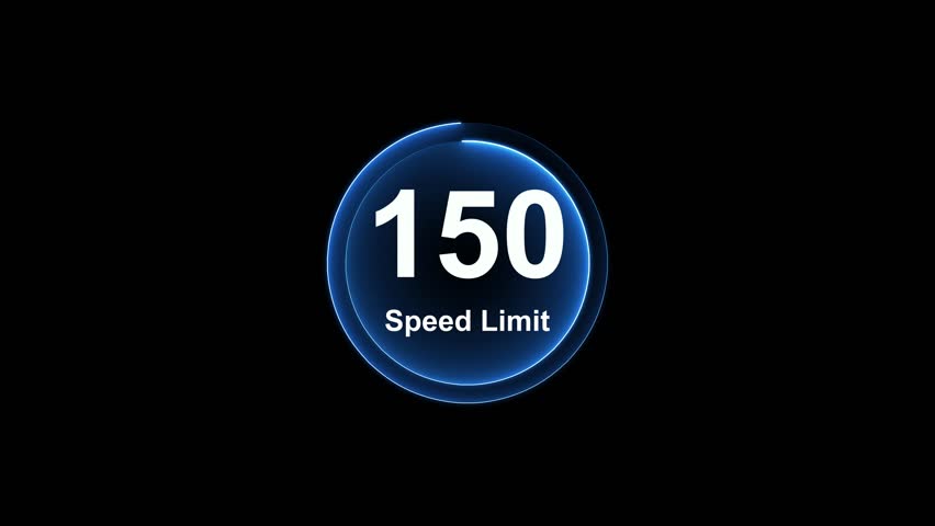 Dynamic road speed limit 150 graphic with futuristic blue neon glow effect on a black background for presentations and technology. Road speed limit 150 mph sign board,circle neon line template. 4k