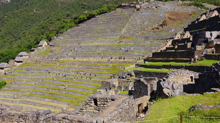 The iconic agricultural terraces at Machu Picchu. The footage captures the incredible engineering and stunning mountainous landscape of the historic sanctuary