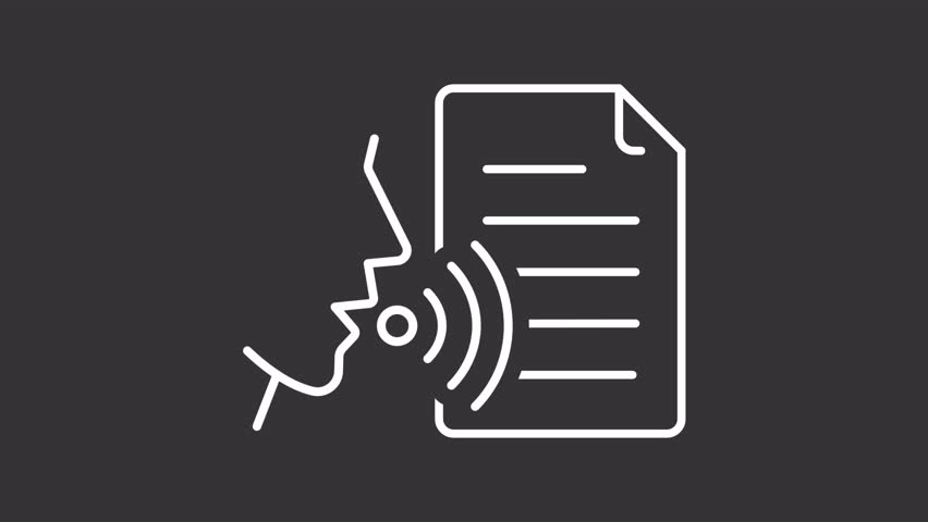 Voice to text white line animation. Speech document animated icon. Moving audio waves. Data processing, virtual assistant. Isolated element on dark background. Alpha transparent video