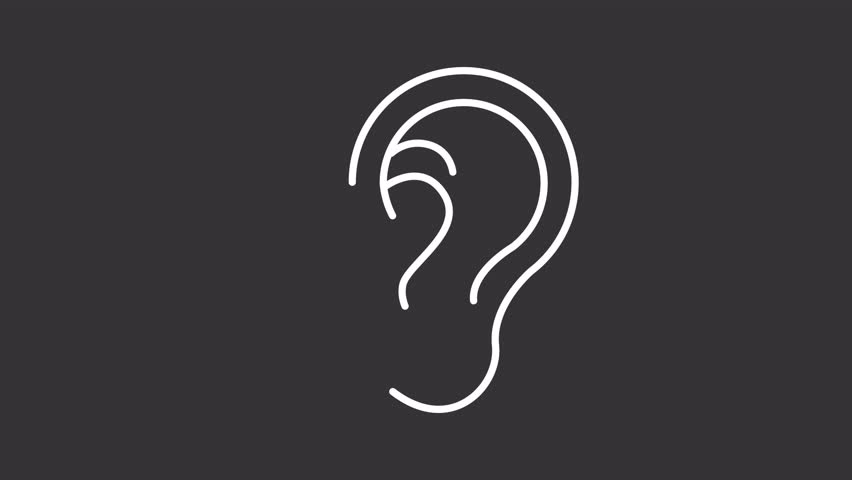 Hearing white line animation. Active listening animated icon. Sound waves showing up. Audiology, communication. Ear health. Isolated element on dark background. Alpha transparent video