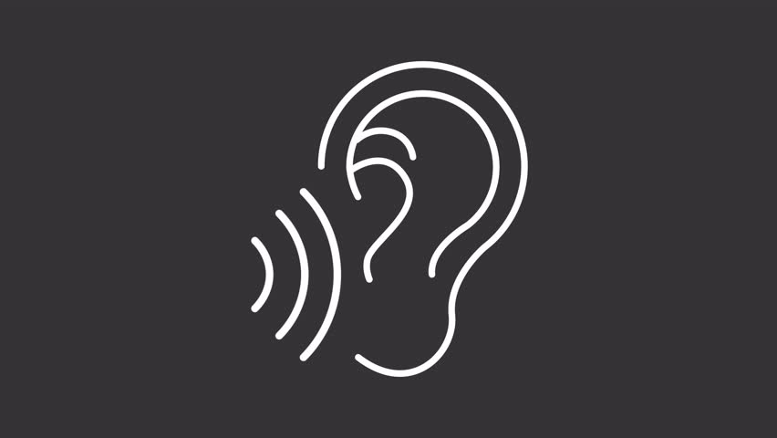 Hearing white line animation. Active listening animated icon. Sound waves showing up. Audiology, communication. Ear health. Isolated element on dark background. Alpha transparent video