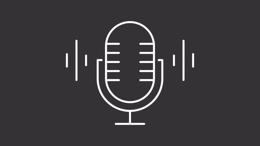 Audio microphone white line animation. Voice recording animated icon. Moving soundwave. Broadcast, media. Entertainment, karaoke. Isolated element on dark background. Alpha transparent video
