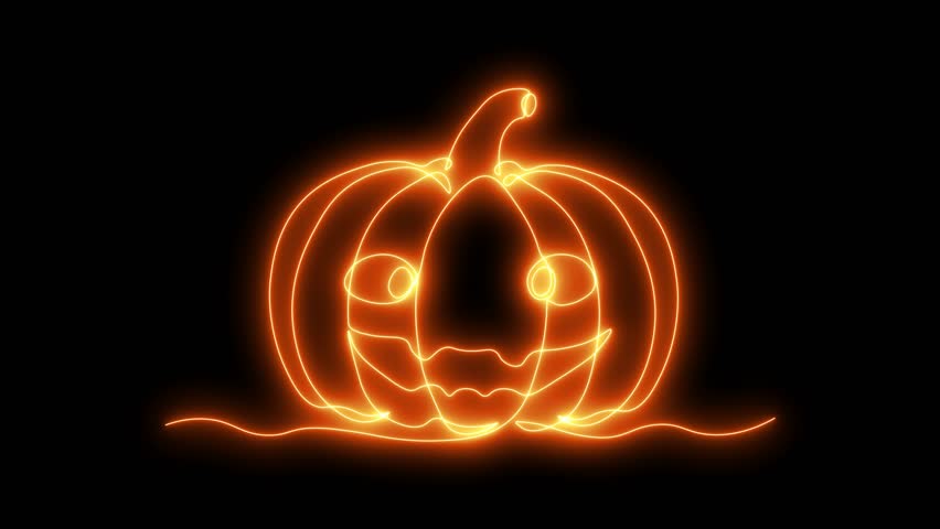 abstract Pumpkin for Halloween. Self drawing animation one continuous line draw, logo, black background. neon orange luminous sign