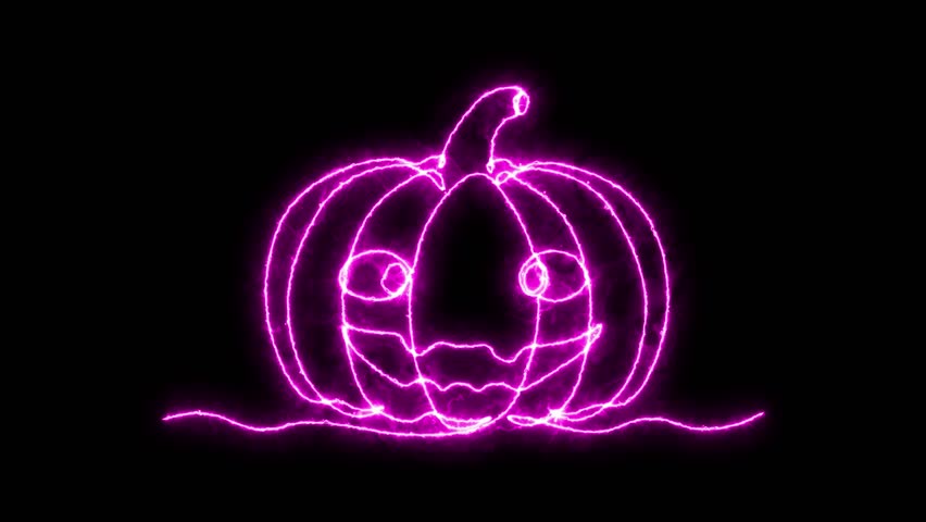 abstract Pumpkin for Halloween. Self drawing animation one continuous line draw, logo, black background. neon pink luminous sign
