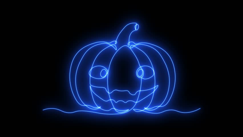 abstract Pumpkin for Halloween. Self drawing animation one continuous line draw, logo, black background. neon blue luminous sign