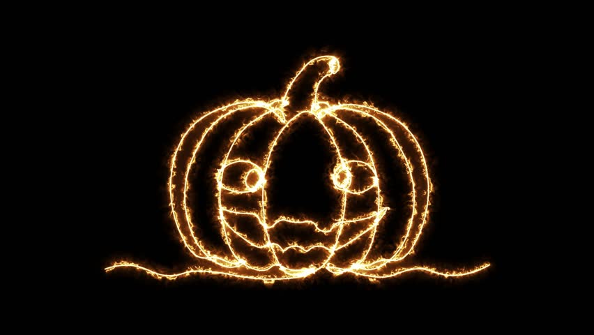 abstract Pumpkin for Halloween. Self drawing animation one continuous line draw, logo, black background. Blazing  flame, energy, fire
