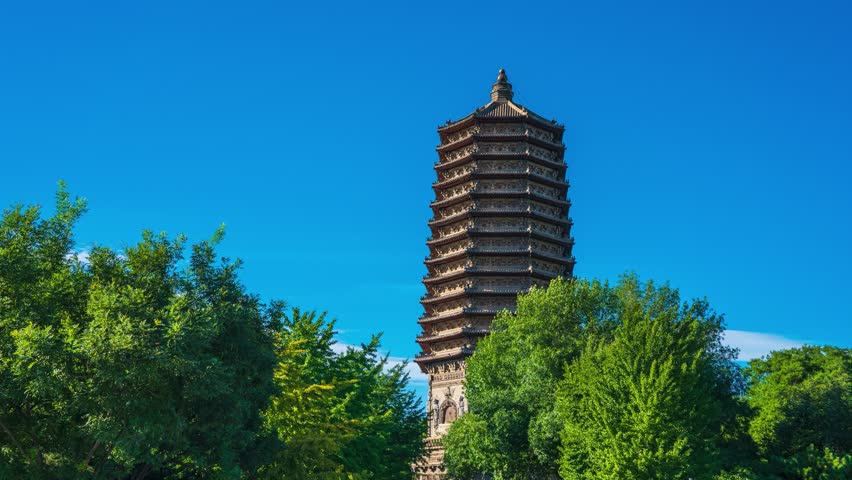 Beijing, China - 25th September 2022 - Traditional Pagoda Against a Clear Blue Sky