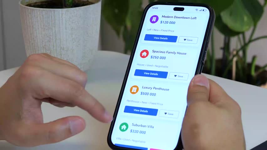 Close-up of a hand browsing exquisite property listings and favoriting a stunning penthouse. This video embodies the modern house-hunting journey and the pursuit of an upscale lifestyle. Ideal for