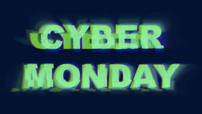 4k Loop animation of Cyber Monday Glitch text on black background, vibrant 90s design. Retro style, neon distortion. Sale banners, online shopping, digital marketing, modern 90s Y2K creative visuals - Powered by Shutterstock - Get 15% off with code: PIKWIZARD15
