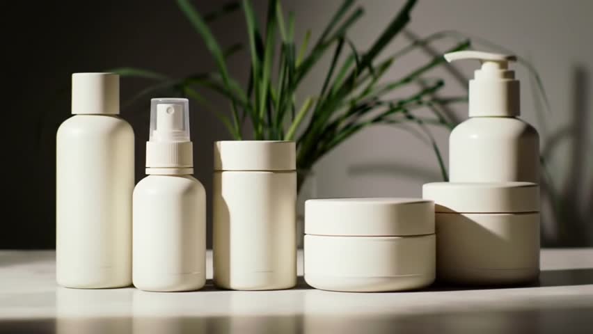 High quality minimalist beauty product packaging mockup featuring modern cosmetic containers such as bottles, jars, and tubes. Clean and unbranded design, perfect for easy customization, label placeme